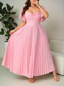 Elegant Pink Ruffled A-Line Dress with Puff Sleeves and Pleated Details for Spring/Summer Weddings, Parties, and Vacations - Chic, Classy, and Trendy Fashion Style to Dress to Impress