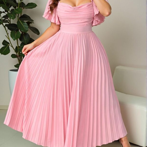 Elegant Pink Ruffled A-Line Dress with Puff Sleeves and Pleated Details for Spring/Summer Weddings, Parties, and Vacations - Chic, Classy, and Trendy Fashion Style to Dress to Impress
