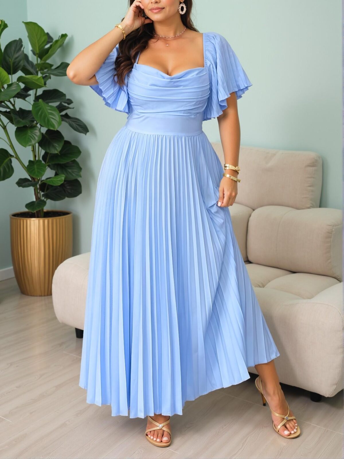 Elegant Blue A-Line Ruffled High-Low Maxi Dress with Pleats and Ruched Details for Spring/Summer Gatherings, Vintage-Inspired Wedding, Parties, and Events – Chic, Classy and Trendy Fashion Style to Dress to Impress - Image 3
