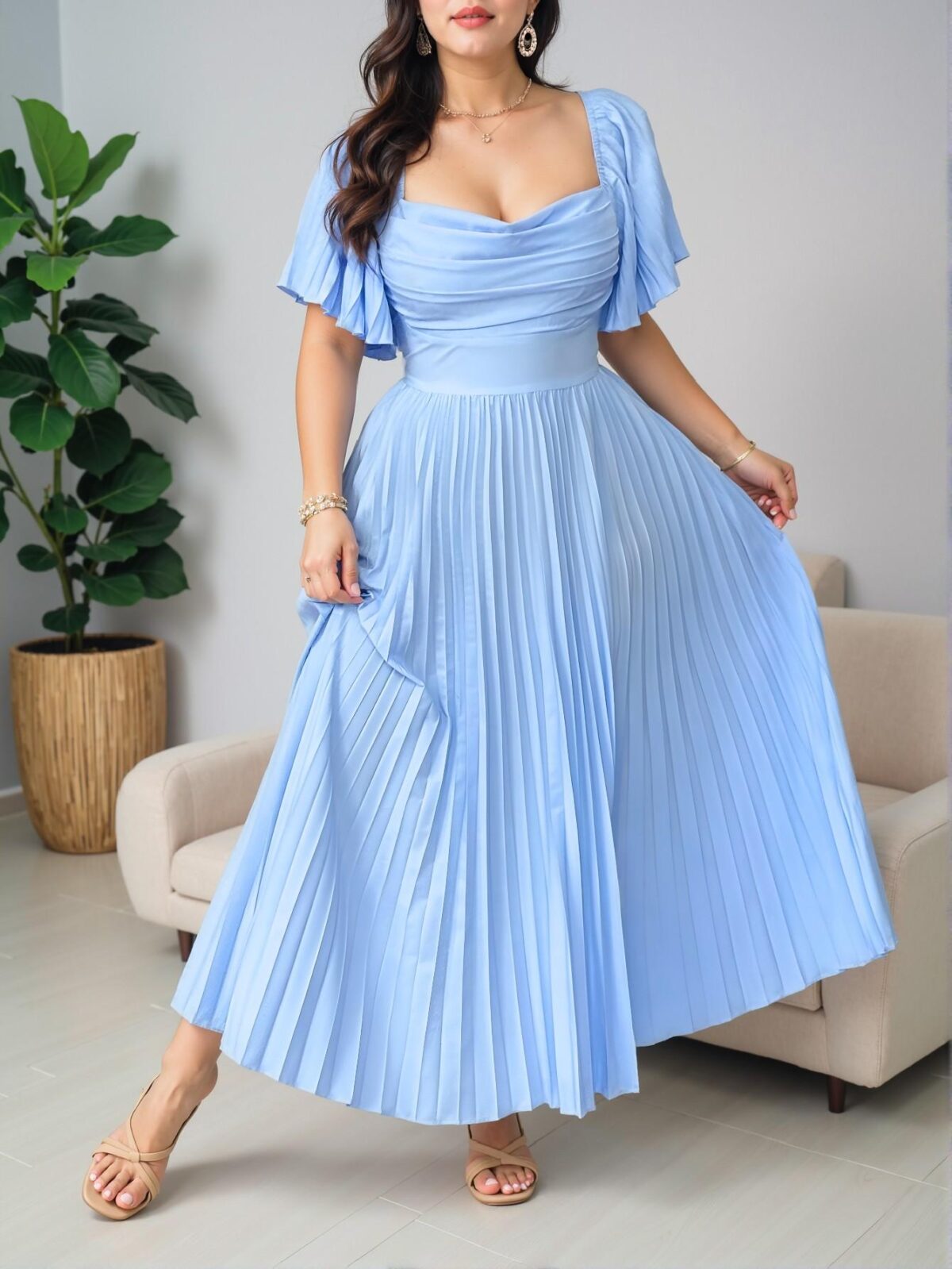 Elegant Blue A-Line Ruffled High-Low Maxi Dress with Pleats and Ruched Details for Spring/Summer Gatherings, Vintage-Inspired Wedding, Parties, and Events – Chic, Classy and Trendy Fashion Style to Dress to Impress - Image 4