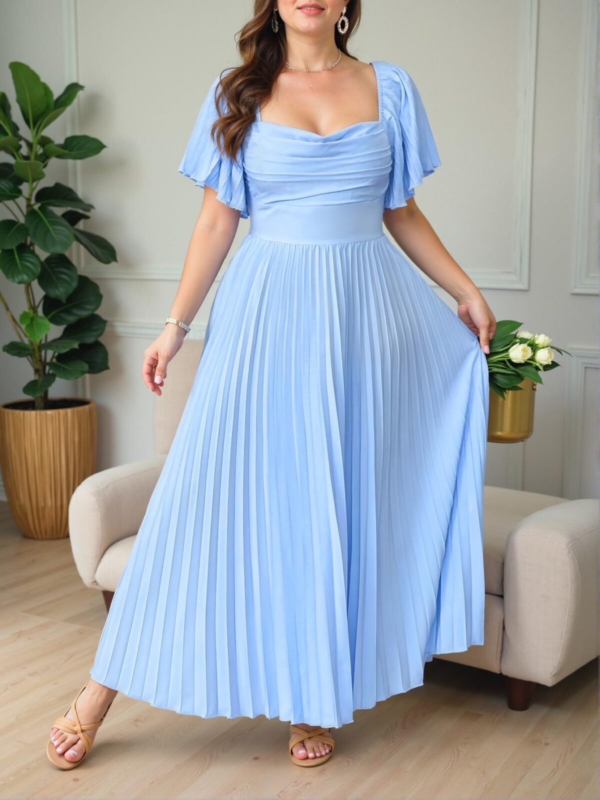 Elegant Blue A-Line Ruffled High-Low Maxi Dress with Pleats and Ruched Details for Spring/Summer Gatherings, Vintage-Inspired Wedding, Parties, and Events – Chic, Classy and Trendy Fashion Style to Dress to Impress - Image 5