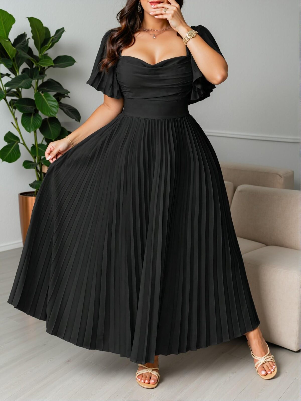 Elegant Black Flounce Sleeve Pleated A-Line Maxi Dress for Vintage Style in Spring/Summer, Perfect for Vacation, Wedding Guests and Parties. Chic, Classy and Trendy Fashion Style to Dress to Impress.