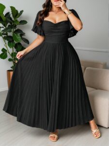 Elegant Black Flounce Sleeve Pleated A-Line Maxi Dress for Vintage Style in Spring/Summer, Perfect for Vacation, Wedding Guests and Parties. Chic, Classy and Trendy Fashion Style to Dress to Impress.