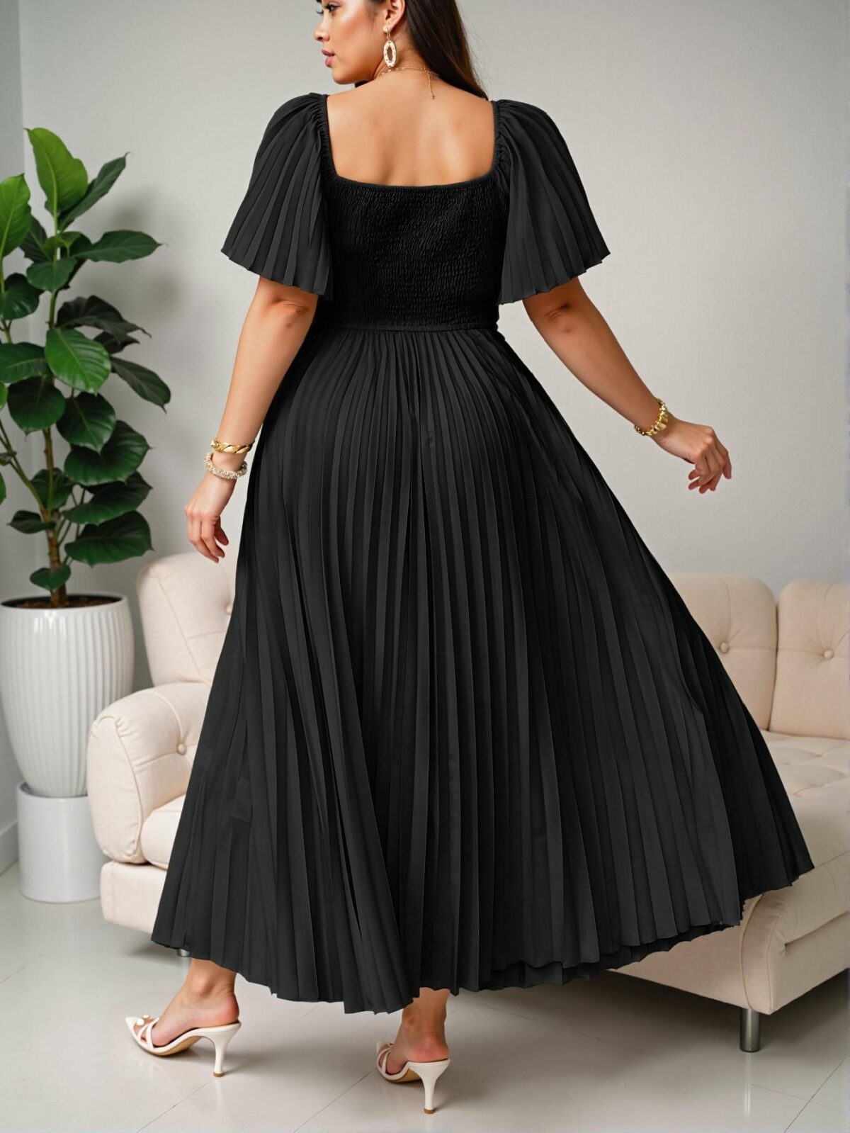Elegant Black Flounce Sleeve Pleated A-Line Maxi Dress for Vintage Style in Spring/Summer, Perfect for Vacation, Wedding Guests and Parties. Chic, Classy and Trendy Fashion Style to Dress to Impress. - Image 2
