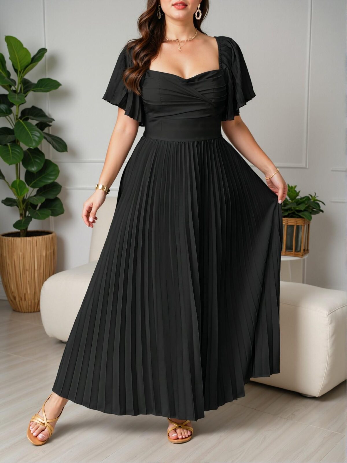Elegant Black Flounce Sleeve Pleated A-Line Maxi Dress for Vintage Style in Spring/Summer, Perfect for Vacation, Wedding Guests and Parties. Chic, Classy and Trendy Fashion Style to Dress to Impress. - Image 3