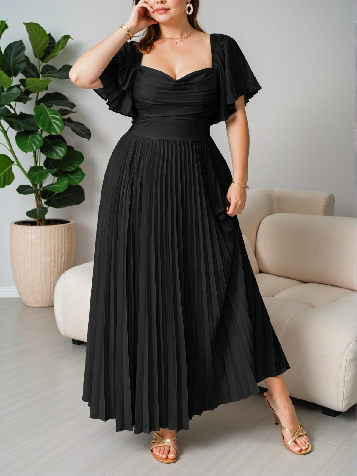 Elegant Black Flounce Sleeve Pleated A-Line Maxi Dress for Vintage Style in Spring/Summer, Perfect for Vacation, Wedding Guests and Parties. Chic, Classy and Trendy Fashion Style to Dress to Impress. - Image 4