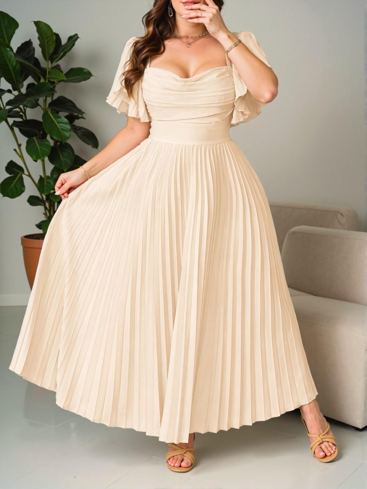 Elegant Apricot Flounce Sleeve, Pleated A-Line Dress with Vintage Charm for Weddings and Summer Gatherings - Chic, Classy and Trendy Fashion Style to Dress to Impress