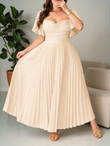 Elegant Apricot Flounce Sleeve, Pleated A-Line Dress with Vintage Charm for Weddings and Summer Gatherings - Chic, Classy and Trendy Fashion Style to Dress to Impress