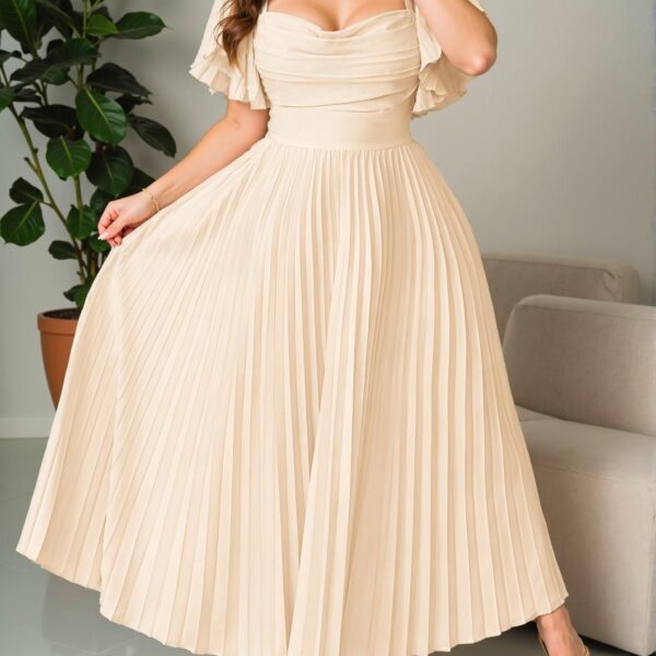 Elegant Apricot Flounce Sleeve, Pleated A-Line Dress with Vintage Charm for Weddings and Summer Gatherings - Chic, Classy and Trendy Fashion Style to Dress to Impress