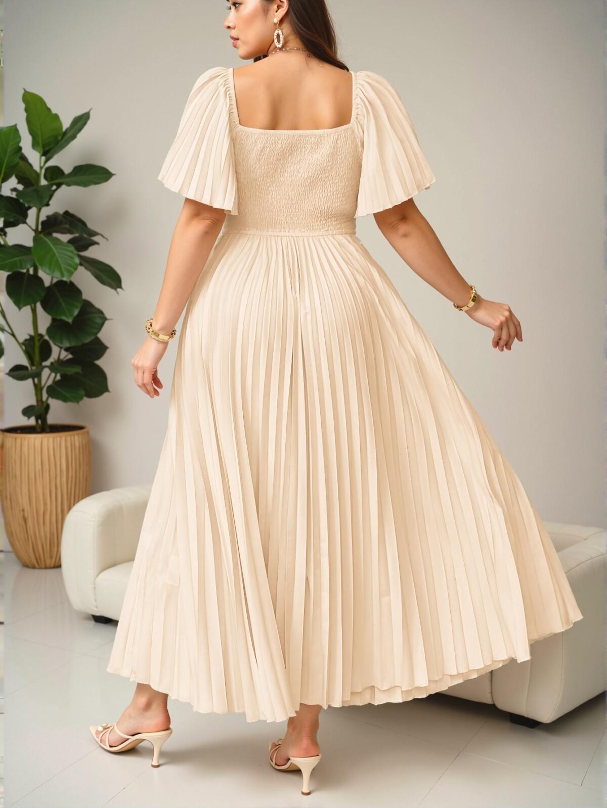 Elegant Apricot Flounce Sleeve, Pleated A-Line Dress with Vintage Charm for Weddings and Summer Gatherings - Chic, Classy and Trendy Fashion Style to Dress to Impress - Image 2