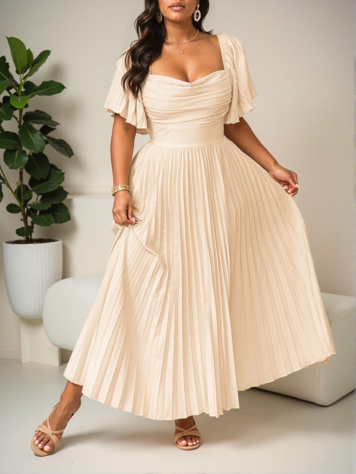 Elegant Apricot Flounce Sleeve, Pleated A-Line Dress with Vintage Charm for Weddings and Summer Gatherings - Chic, Classy and Trendy Fashion Style to Dress to Impress - Image 5