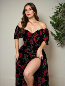 Elegant Black Off Shoulder Floral Split Dress for Spring and Summer Chic, Classy and Trendy Fashion Style to Dress to Impress
