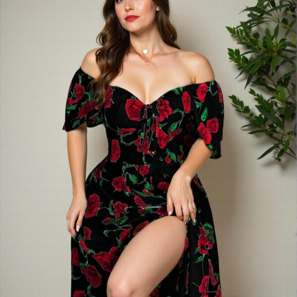 Elegant Black Off Shoulder Floral Split Dress for Spring and Summer Chic, Classy and Trendy Fashion Style to Dress to Impress