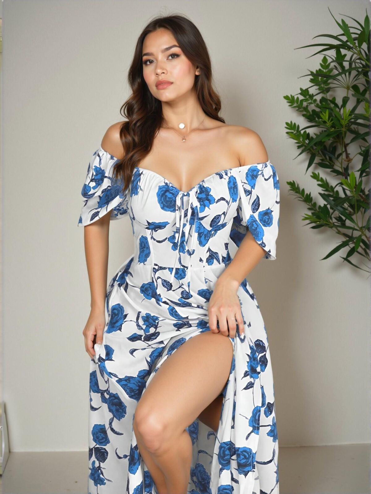 Elegant Blue Off-Shoulder Floral Print Dress with Thigh Split for Spring and Summer Celebrations - Chic, Classy and Trendy Fashion Style to Dress to Impress