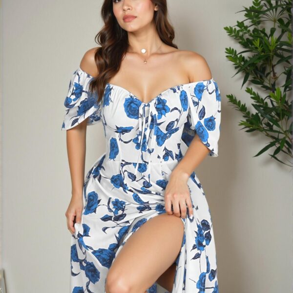 Elegant Blue Off-Shoulder Floral Print Dress with Thigh Split for Spring and Summer Celebrations - Chic, Classy and Trendy Fashion Style to Dress to Impress