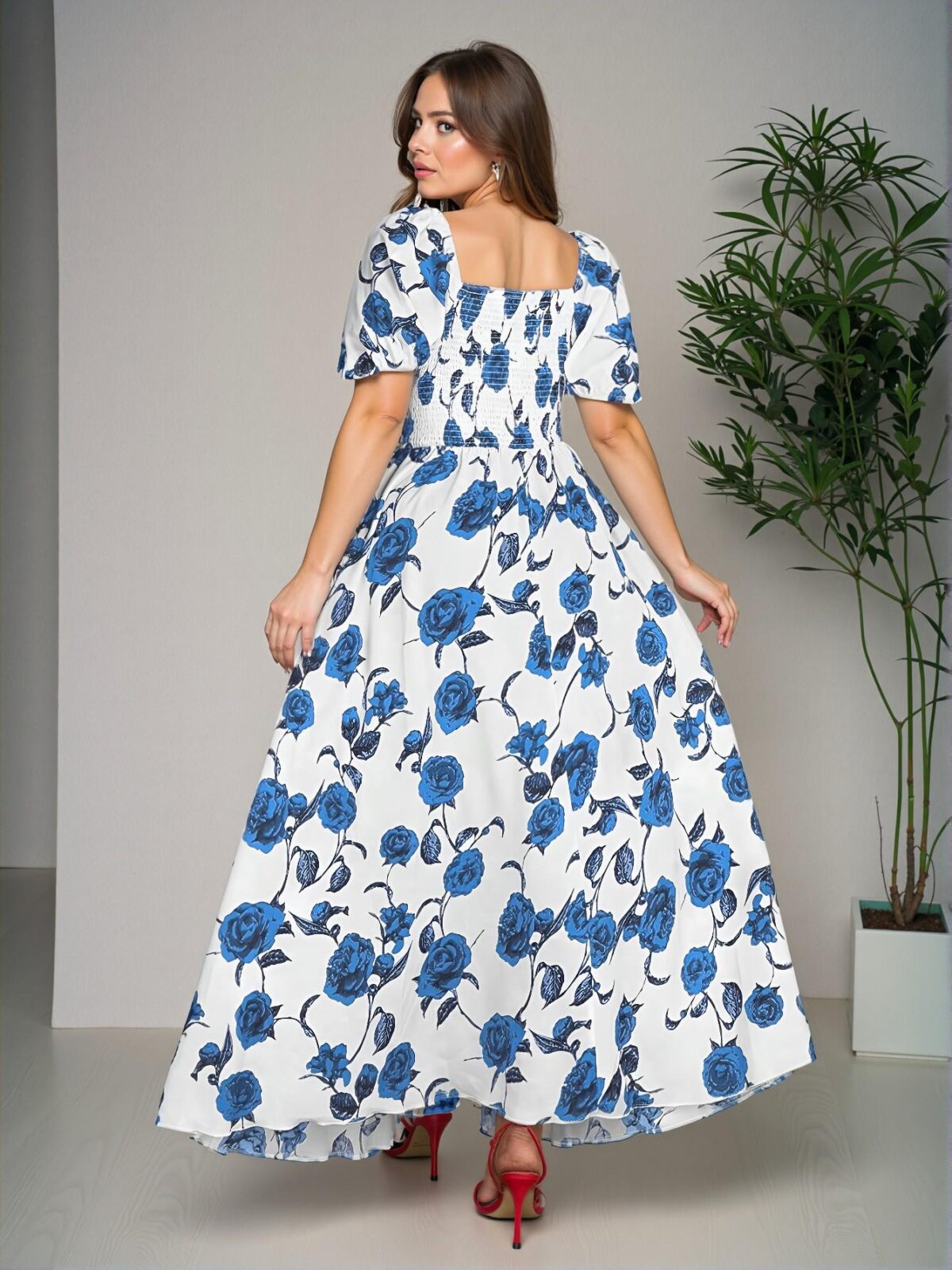 Elegant Blue Off-Shoulder Floral Print Dress with Thigh Split for Spring and Summer Celebrations - Chic, Classy and Trendy Fashion Style to Dress to Impress - Image 2