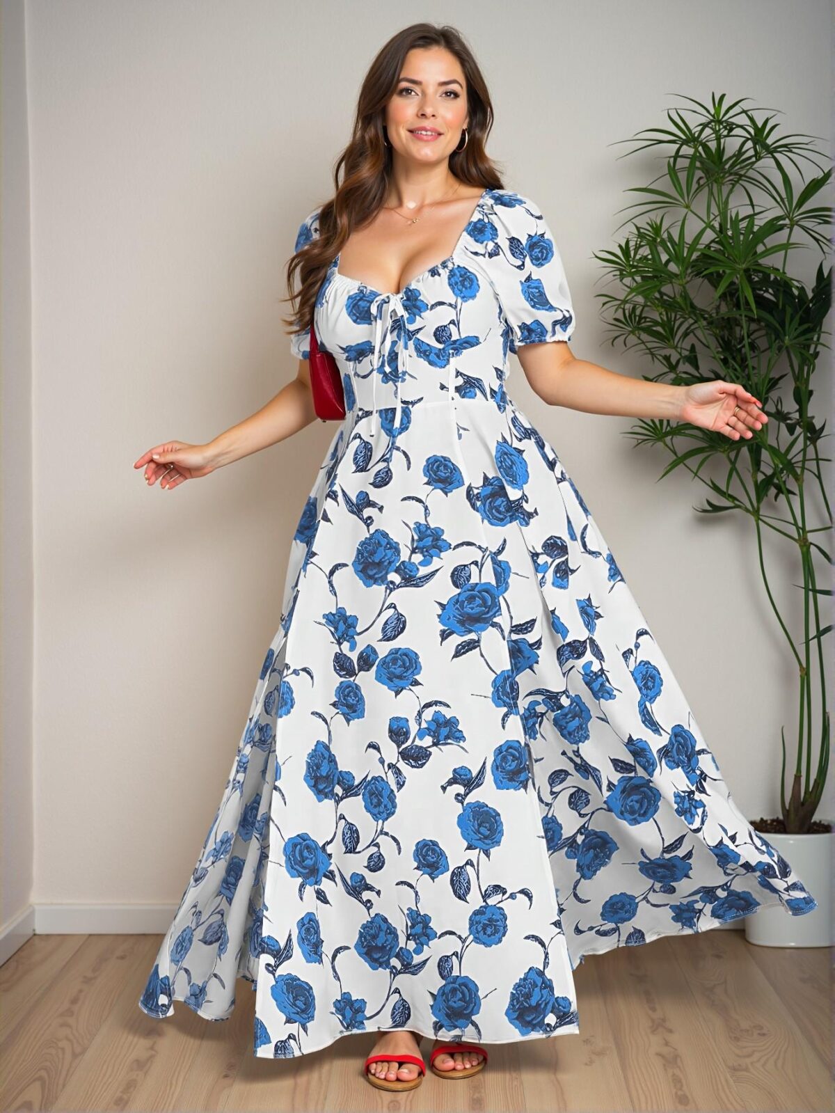Elegant Blue Off-Shoulder Floral Print Dress with Thigh Split for Spring and Summer Celebrations - Chic, Classy and Trendy Fashion Style to Dress to Impress - Image 5