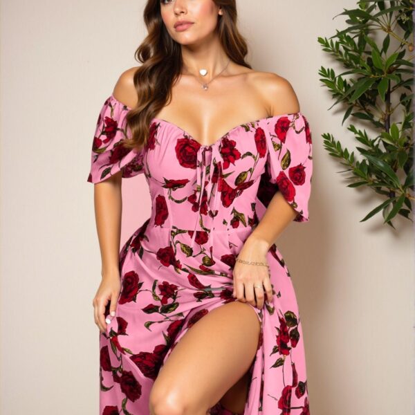 Elegant Pink Chic Floral Off-Shoulder Slit Dress for Spring and Summer "Chic, Classy and Trendy Fashion Style to Dress to Impress"