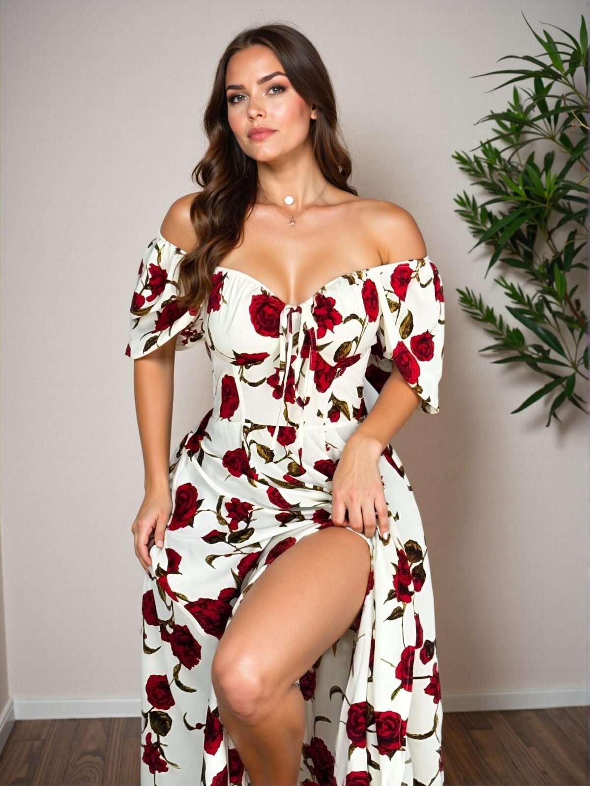 Elegant Red and White Floral Off Shoulder Split Dress for Spring and Summer Celebrations - Chic, Classy and Trendy Fashion Style to Dress to Impress