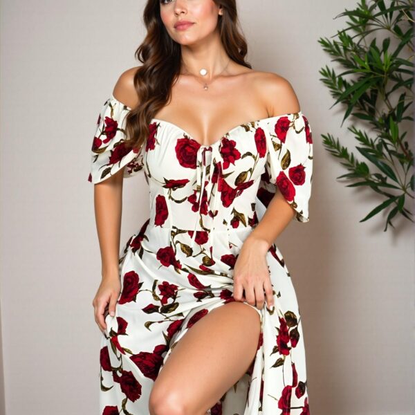 Elegant Red and White Floral Off Shoulder Split Dress for Spring and Summer Celebrations - Chic, Classy and Trendy Fashion Style to Dress to Impress