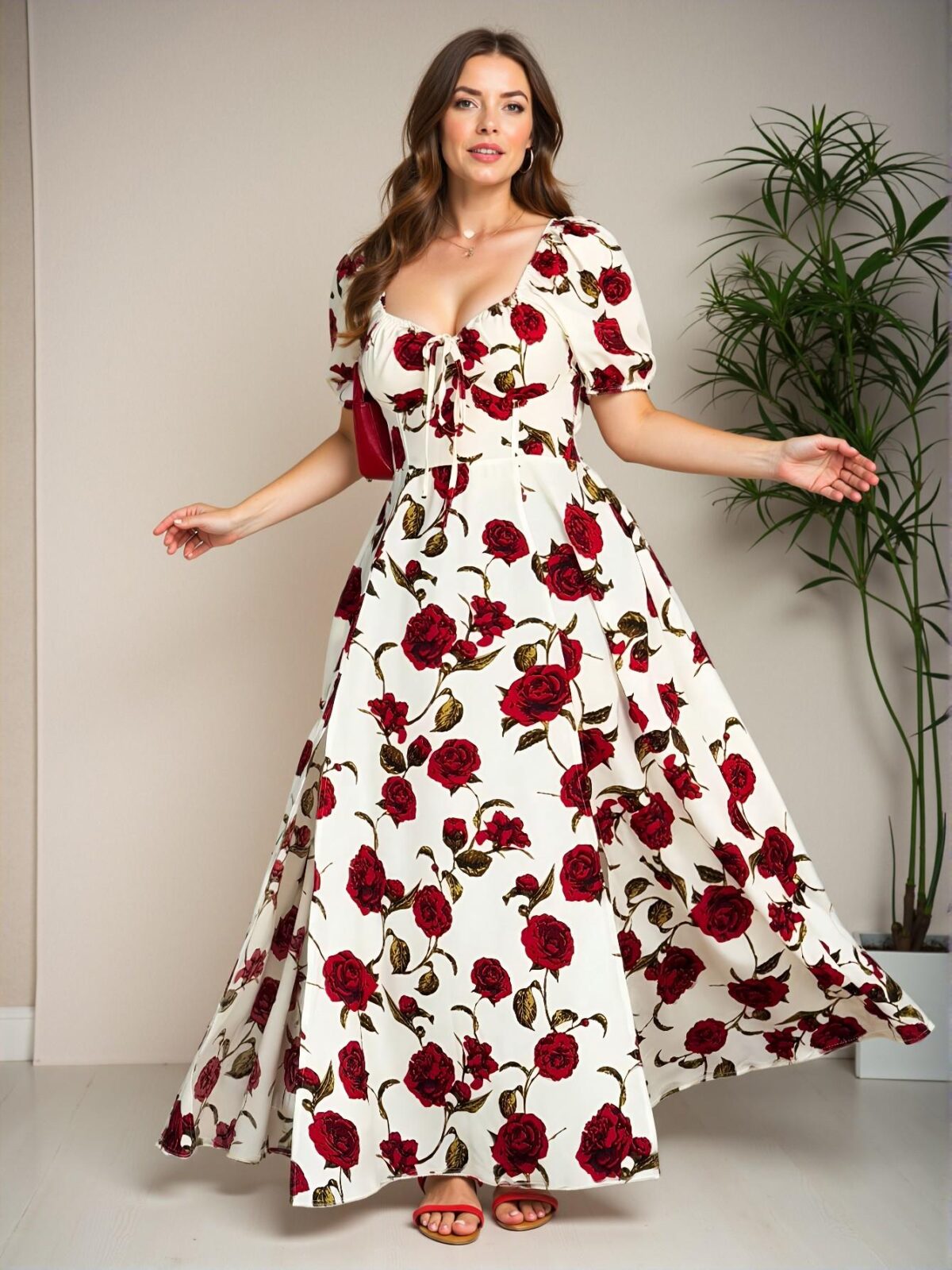 Elegant Red and White Floral Off Shoulder Split Dress for Spring and Summer Celebrations - Chic, Classy and Trendy Fashion Style to Dress to Impress - Image 2