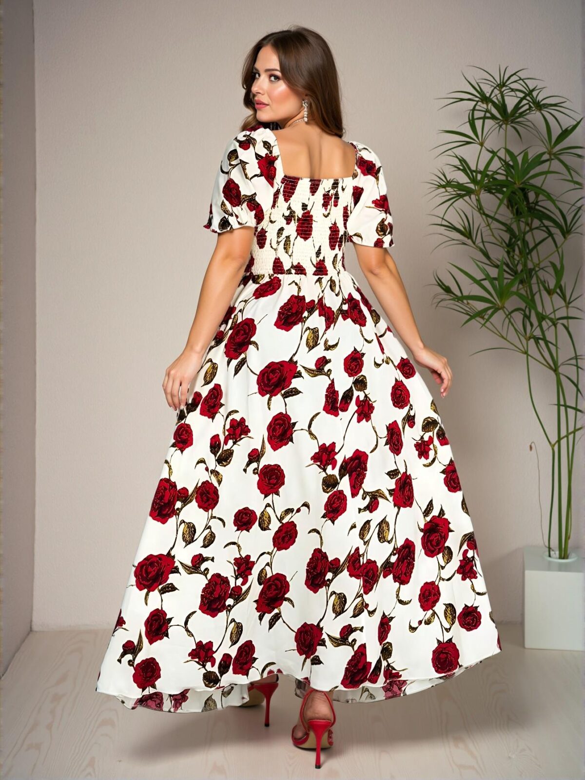 Elegant Red and White Floral Off Shoulder Split Dress for Spring and Summer Celebrations - Chic, Classy and Trendy Fashion Style to Dress to Impress - Image 3