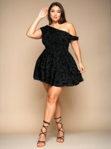 Elegant Black Asymmetrical Off-Shoulder Floral Mini Dress with Ruffled Hem for Graduation in Spring and Summer – Chic, Classy and Trendy Fashion Style to Dress to Impress