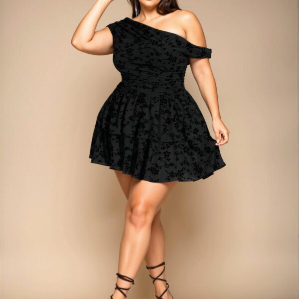 Elegant Black Asymmetrical Off-Shoulder Floral Mini Dress with Ruffled Hem for Graduation in Spring and Summer – Chic, Classy and Trendy Fashion Style to Dress to Impress