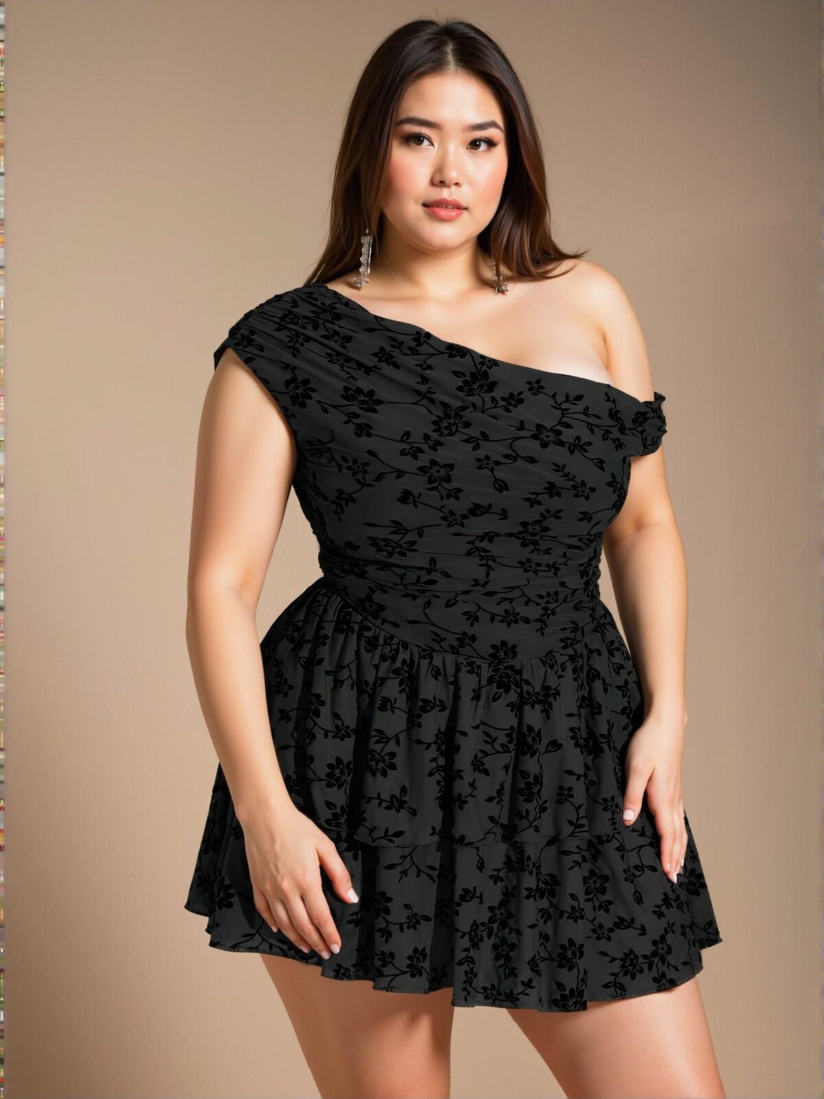 Elegant Black Asymmetrical Off-Shoulder Floral Mini Dress with Ruffled Hem for Graduation in Spring and Summer – Chic, Classy and Trendy Fashion Style to Dress to Impress - Image 3