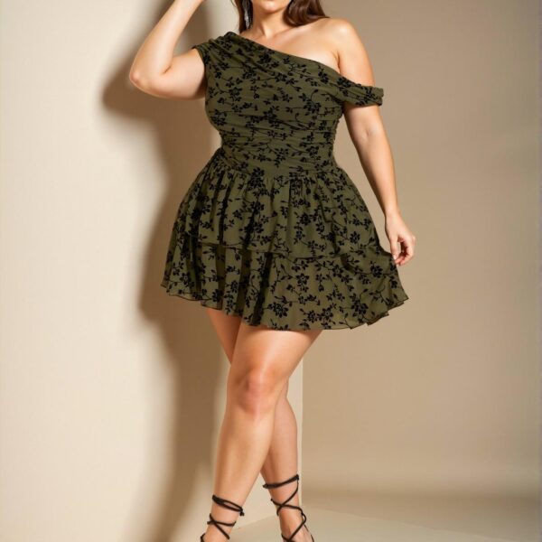 Elegant Green Asymmetrical Neck Cinched Waist Floral Mini Dress with Ruffled Hem for Spring and Summer - Chic, Classy and Trendy Fashion Style to Dress to Impress