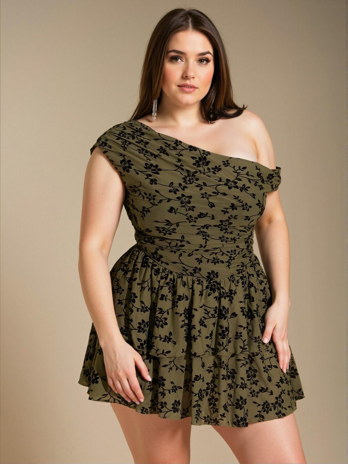Elegant Green Asymmetrical Neck Cinched Waist Floral Mini Dress with Ruffled Hem for Spring and Summer - Chic, Classy and Trendy Fashion Style to Dress to Impress - Image 3