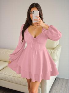Elegant Baby Pink Charming High Waist Tie Front Layered Hem Dress for Spring and Summer - Chic, Classy and Trendy Fashion Style to Dress to Impress