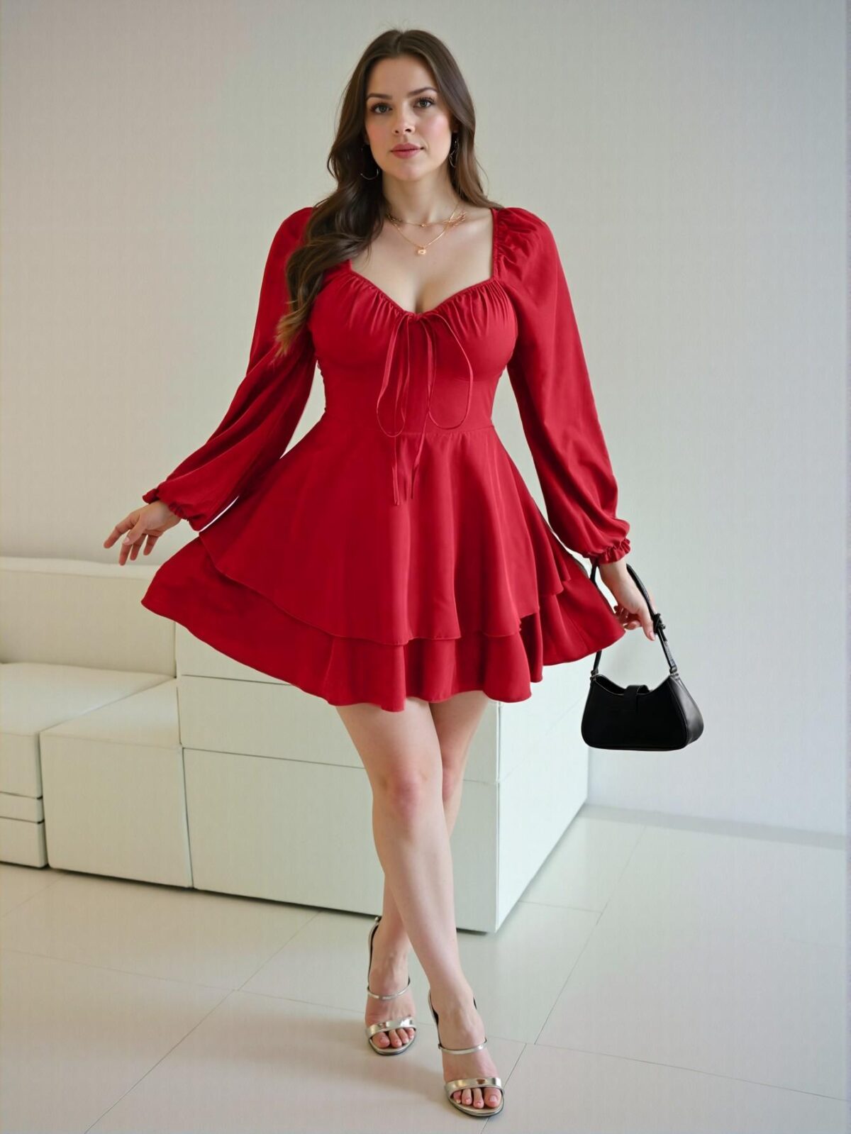 Elegant Red Stylish Plus Size Tie-Up Double Layer Hem Dress for Spring and Summer - Chic, Classy and Trendy Fashion Style to Dress to Impress - Image 4