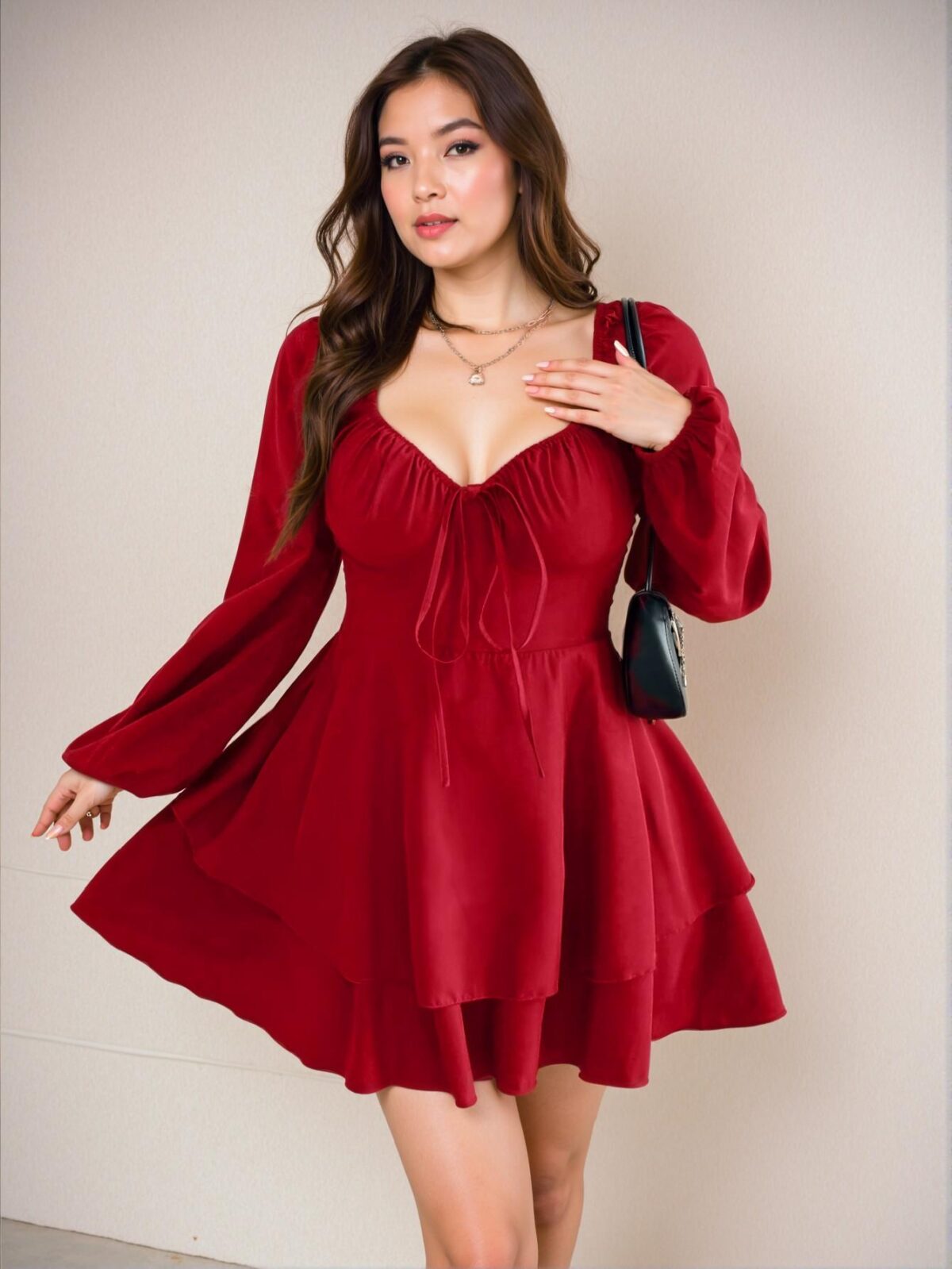 Elegant Red Stylish Plus Size Tie-Up Double Layer Hem Dress for Spring and Summer - Chic, Classy and Trendy Fashion Style to Dress to Impress - Image 5