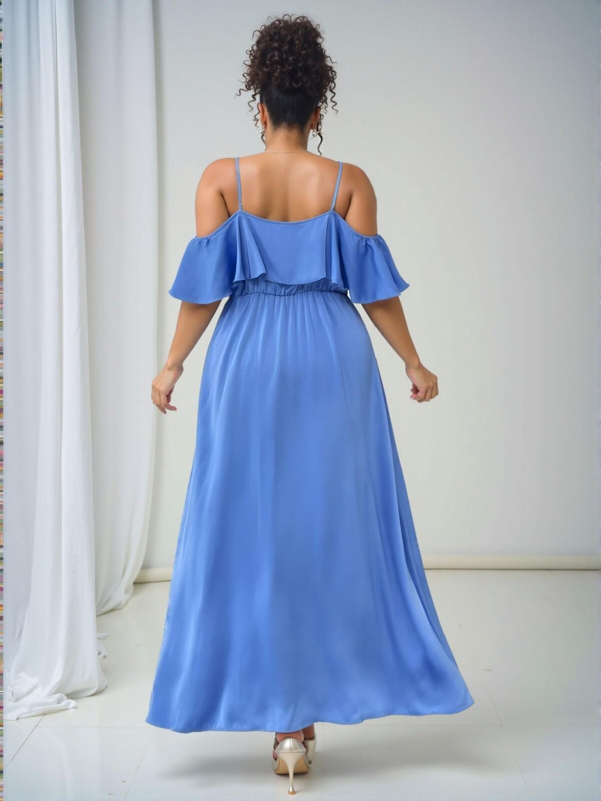 Elegant Dusty Blue Off-Shoulder Ruffle Midi Dress Perfect for Spring and Summer "Chic, Classy and Trendy Fashion Style to Dress to Impress" - Image 2