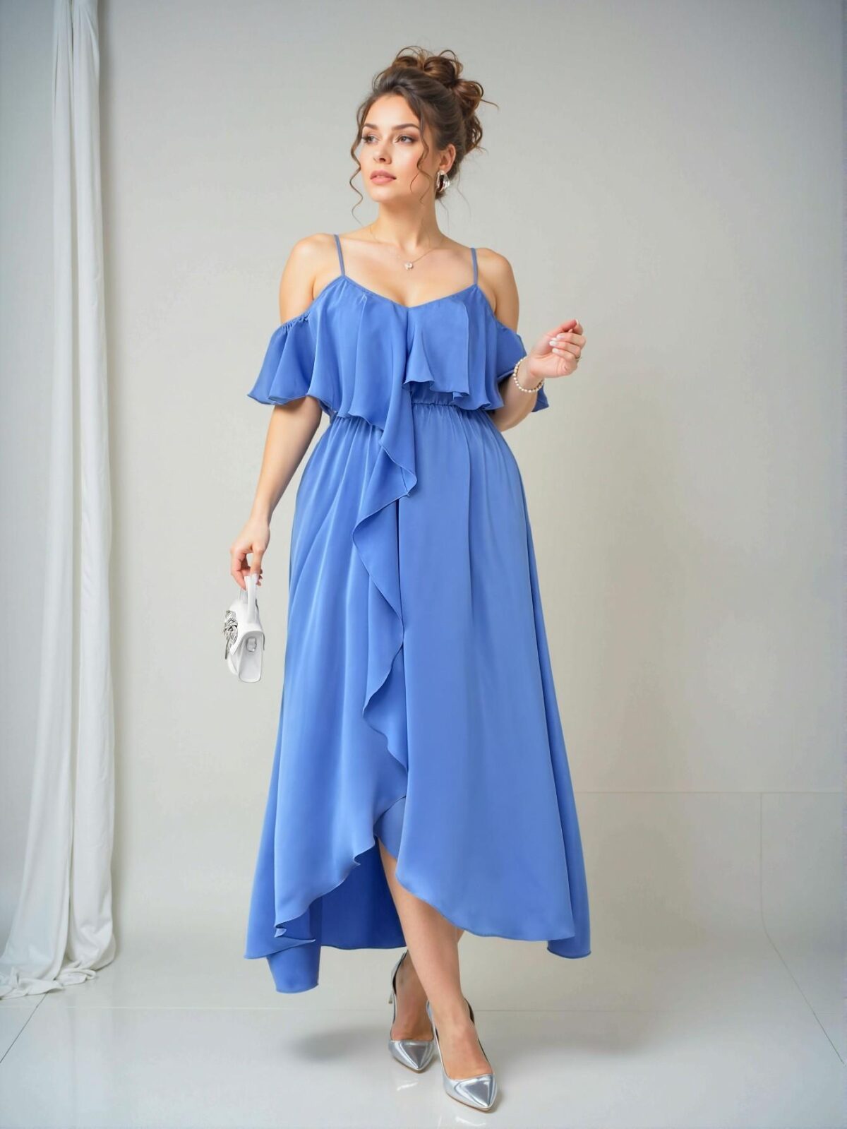 Elegant Dusty Blue Off-Shoulder Ruffle Midi Dress Perfect for Spring and Summer "Chic, Classy and Trendy Fashion Style to Dress to Impress" - Image 4
