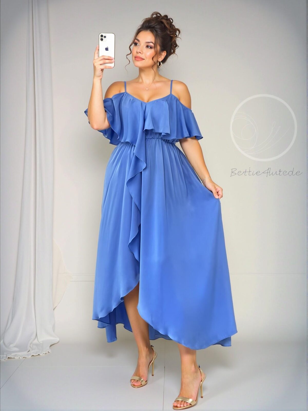Elegant Dusty Blue Off-Shoulder Ruffle Midi Dress Perfect for Spring and Summer "Chic, Classy and Trendy Fashion Style to Dress to Impress" - Image 5