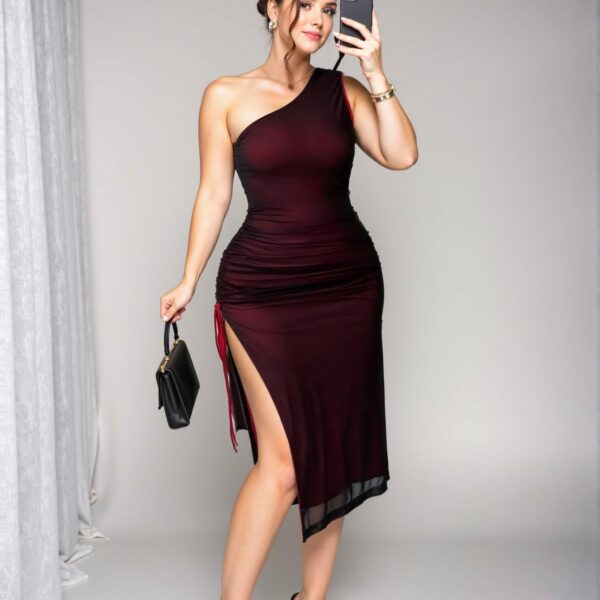 Elegant Red Asymmetrical Neck Sleeveless Bodycon Dress with High Slit and Pleated Details for Spring and Summer – Chic, Classy and Trendy Fashion Style to Dress to Impress