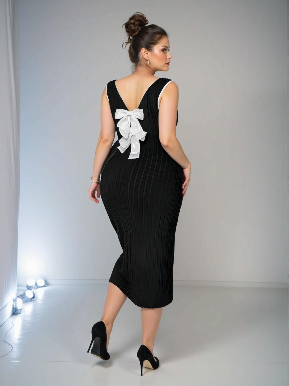 Elegant Black Colorblock Sleeveless Midi Dress with Bow Detail, Rib-Knit Contrast Trim, and Slim Fit Design for Sophisticated Spring/Summer Looks - Chic, Classy and Trendy Fashion Style to Dress to Impress