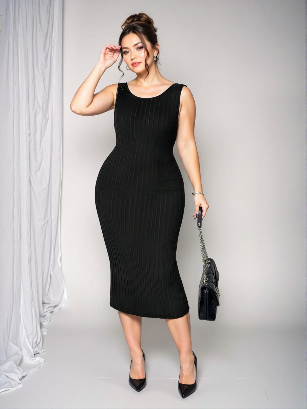 Elegant Black Colorblock Sleeveless Midi Dress with Bow Detail, Rib-Knit Contrast Trim, and Slim Fit Design for Sophisticated Spring/Summer Looks - Chic, Classy and Trendy Fashion Style to Dress to Impress - Image 3