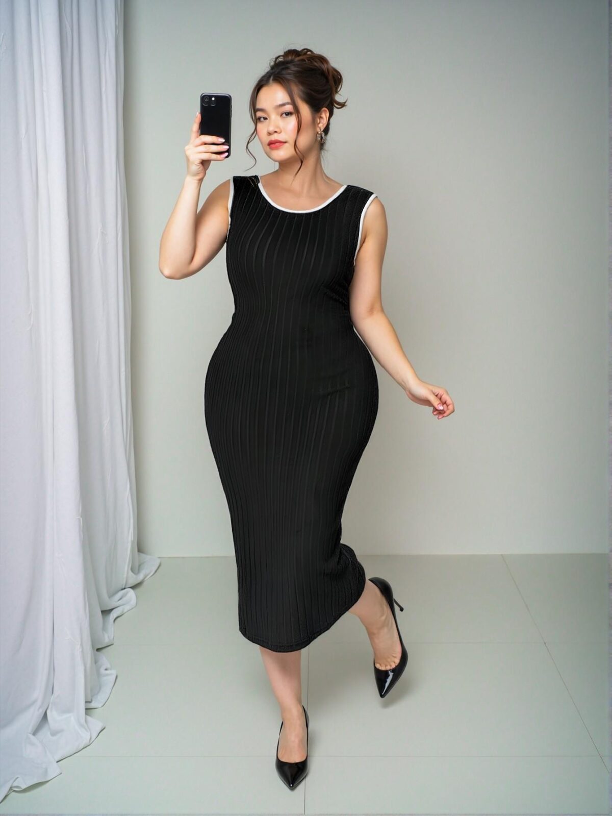 Elegant Black Colorblock Sleeveless Midi Dress with Bow Detail, Rib-Knit Contrast Trim, and Slim Fit Design for Sophisticated Spring/Summer Looks - Chic, Classy and Trendy Fashion Style to Dress to Impress - Image 4