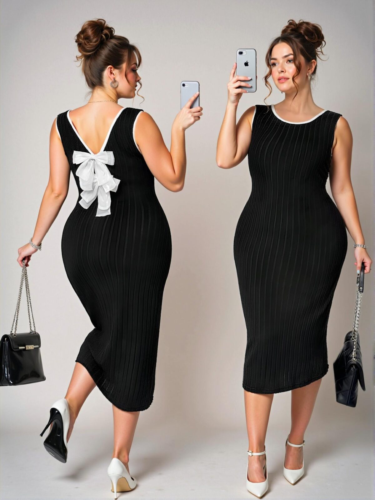 Elegant Black Colorblock Sleeveless Midi Dress with Bow Detail, Rib-Knit Contrast Trim, and Slim Fit Design for Sophisticated Spring/Summer Looks - Chic, Classy and Trendy Fashion Style to Dress to Impress - Image 5