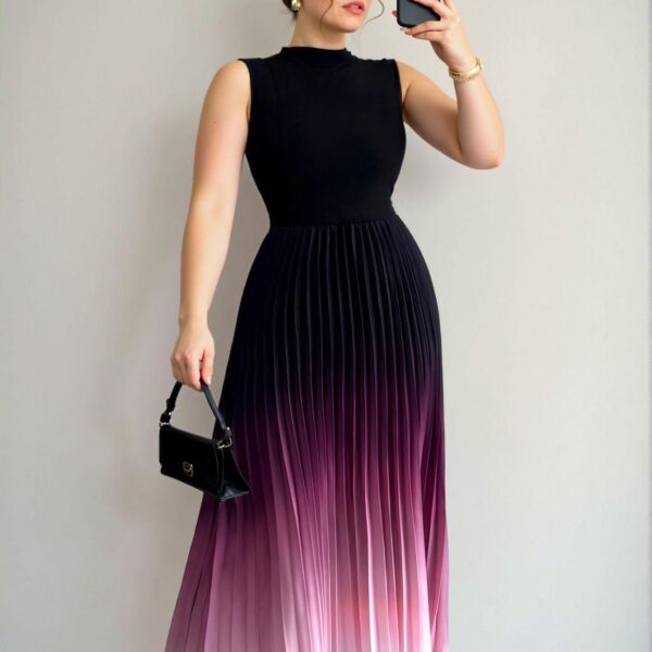 Elegant Multicolor Stylish Sleeveless Stand Collar Pleated A-Line Maxi Dress for Spring and Summer - Chic, Classy and Trendy Fashion Style to Dress to Impress