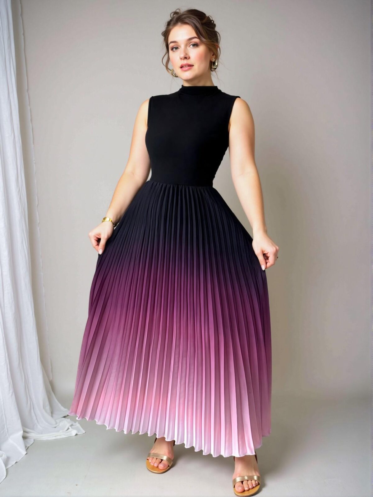 Elegant Multicolor Stylish Sleeveless Stand Collar Pleated A-Line Maxi Dress for Spring and Summer - Chic, Classy and Trendy Fashion Style to Dress to Impress - Image 3