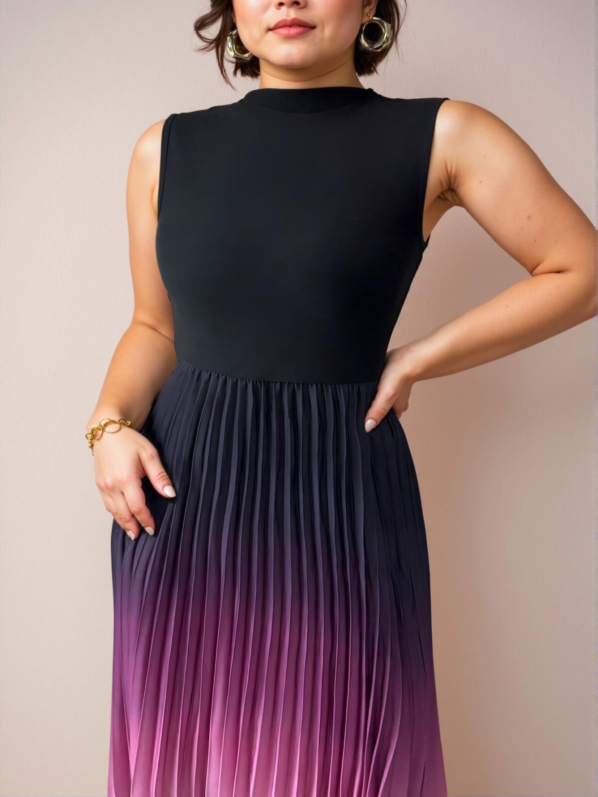 Elegant Multicolor Stylish Sleeveless Stand Collar Pleated A-Line Maxi Dress for Spring and Summer - Chic, Classy and Trendy Fashion Style to Dress to Impress - Image 4