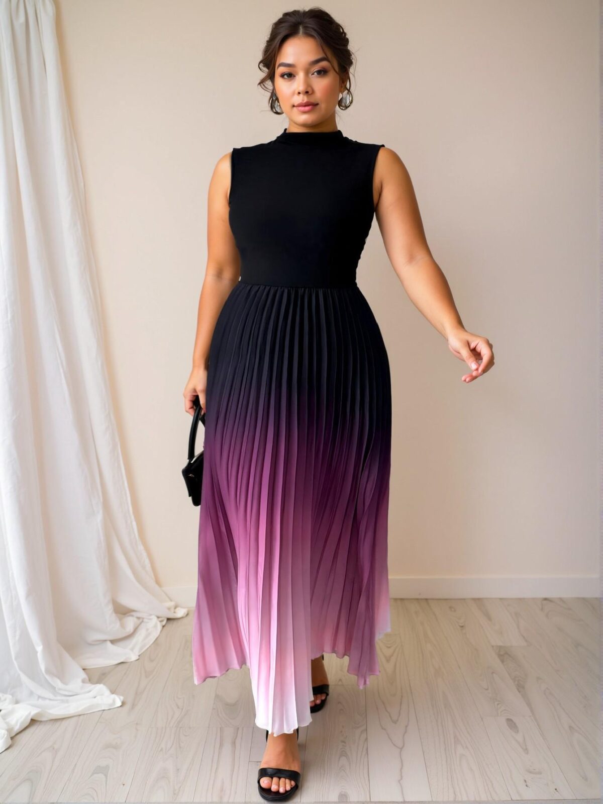 Elegant Multicolor Stylish Sleeveless Stand Collar Pleated A-Line Maxi Dress for Spring and Summer - Chic, Classy and Trendy Fashion Style to Dress to Impress - Image 5