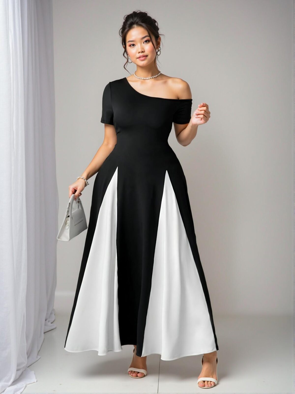 Elegant Black and White Colorblock Off The Shoulder Maxi Evening Dress for Spring and Summer - Chic, Classy and Trendy Fashion Style to Dress to Impress