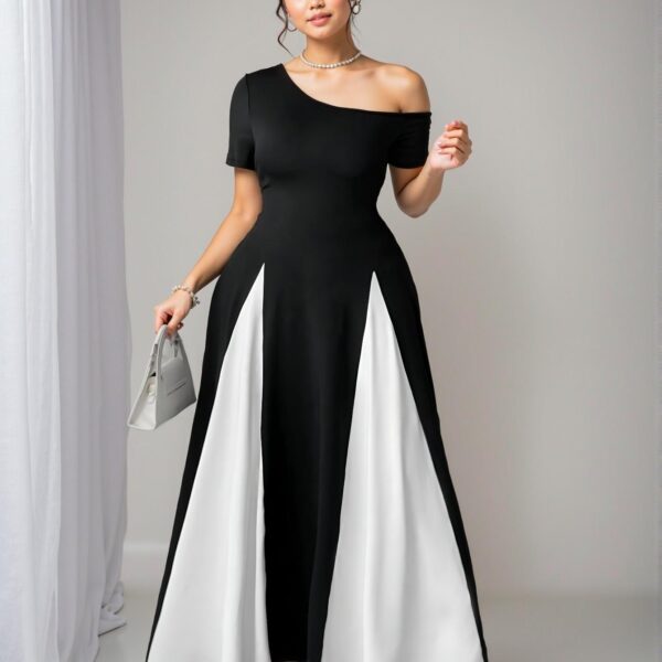 Elegant Black and White Colorblock Off The Shoulder Maxi Evening Dress for Spring and Summer - Chic, Classy and Trendy Fashion Style to Dress to Impress