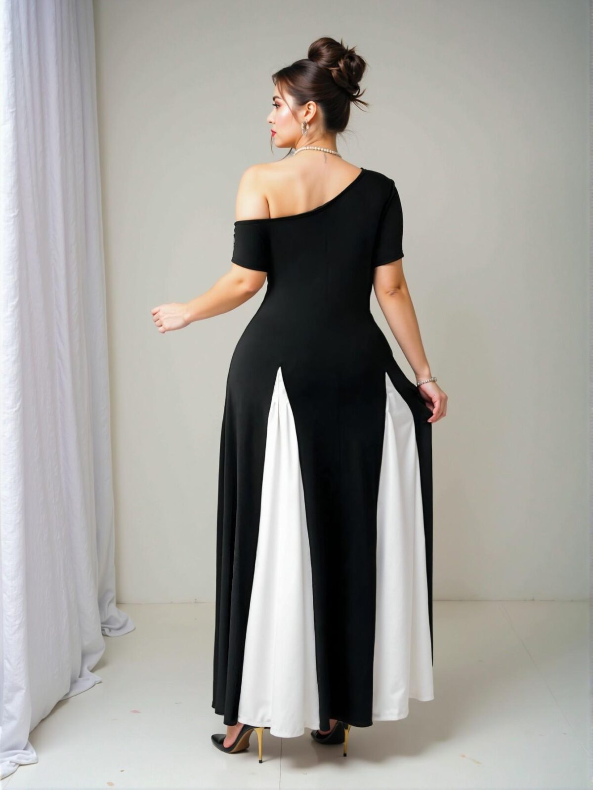 Elegant Black and White Colorblock Off The Shoulder Maxi Evening Dress for Spring and Summer - Chic, Classy and Trendy Fashion Style to Dress to Impress - Image 2