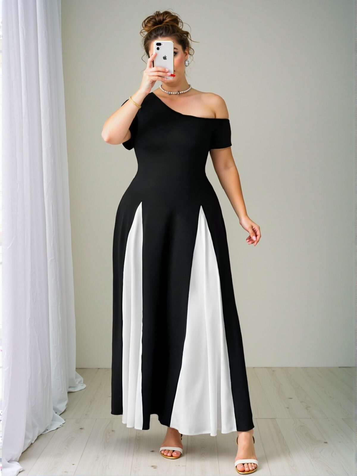 Elegant Black and White Colorblock Off The Shoulder Maxi Evening Dress for Spring and Summer - Chic, Classy and Trendy Fashion Style to Dress to Impress - Image 3
